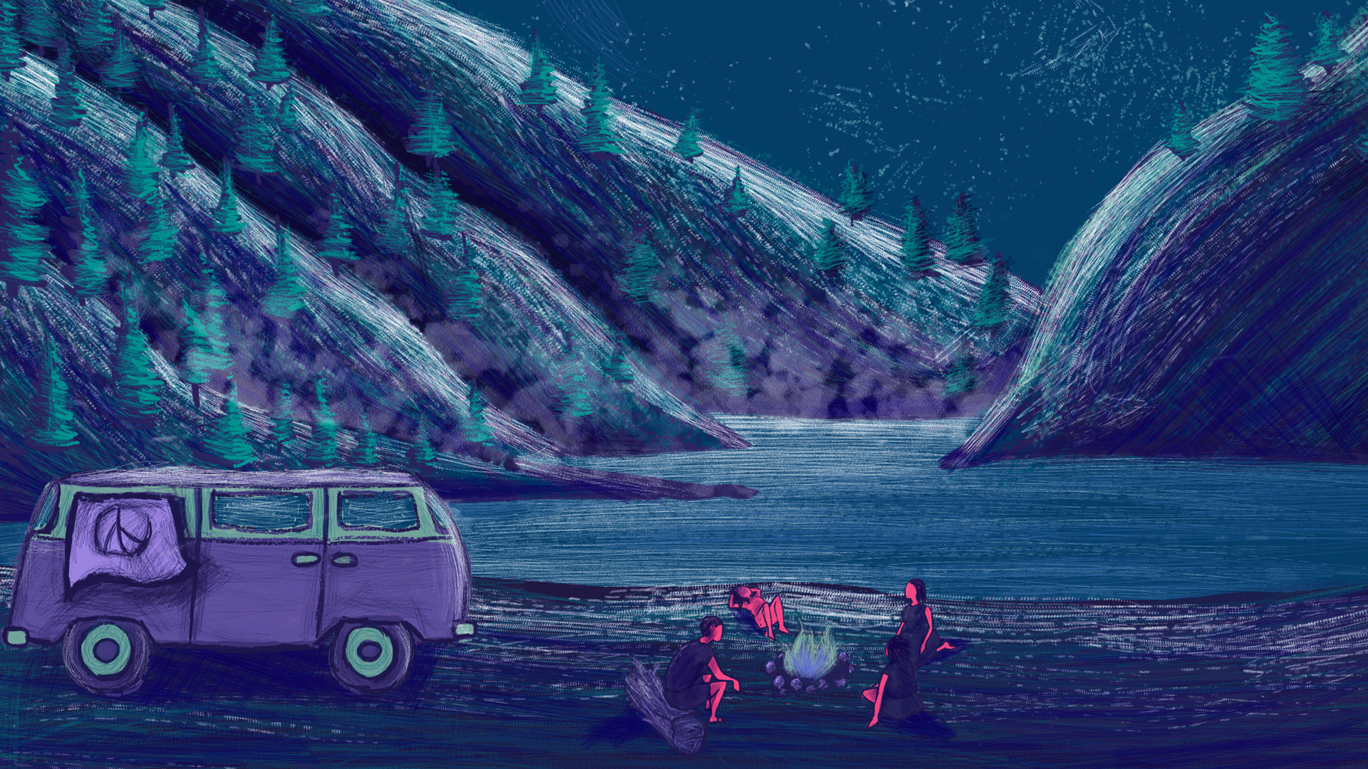 Dessin d'un décors naturel et d'un petit groupe de personnes autour d'un feu de bois, près de leur bus.
