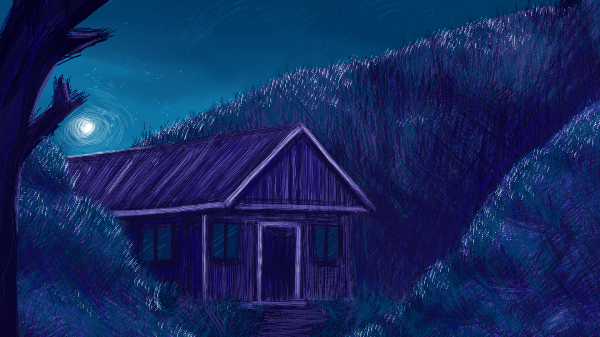 Dessin d'une cabane dans un paysage naturel.