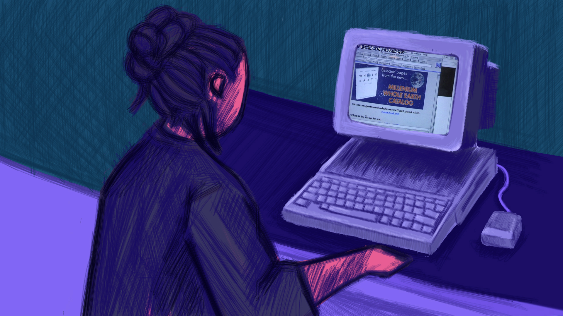 dessin en fond d'un personnage qui fait surf sur le web