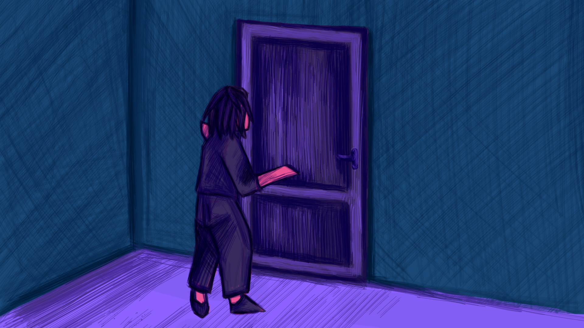 Dessin d'un personnage qui va ourvrir une porte.