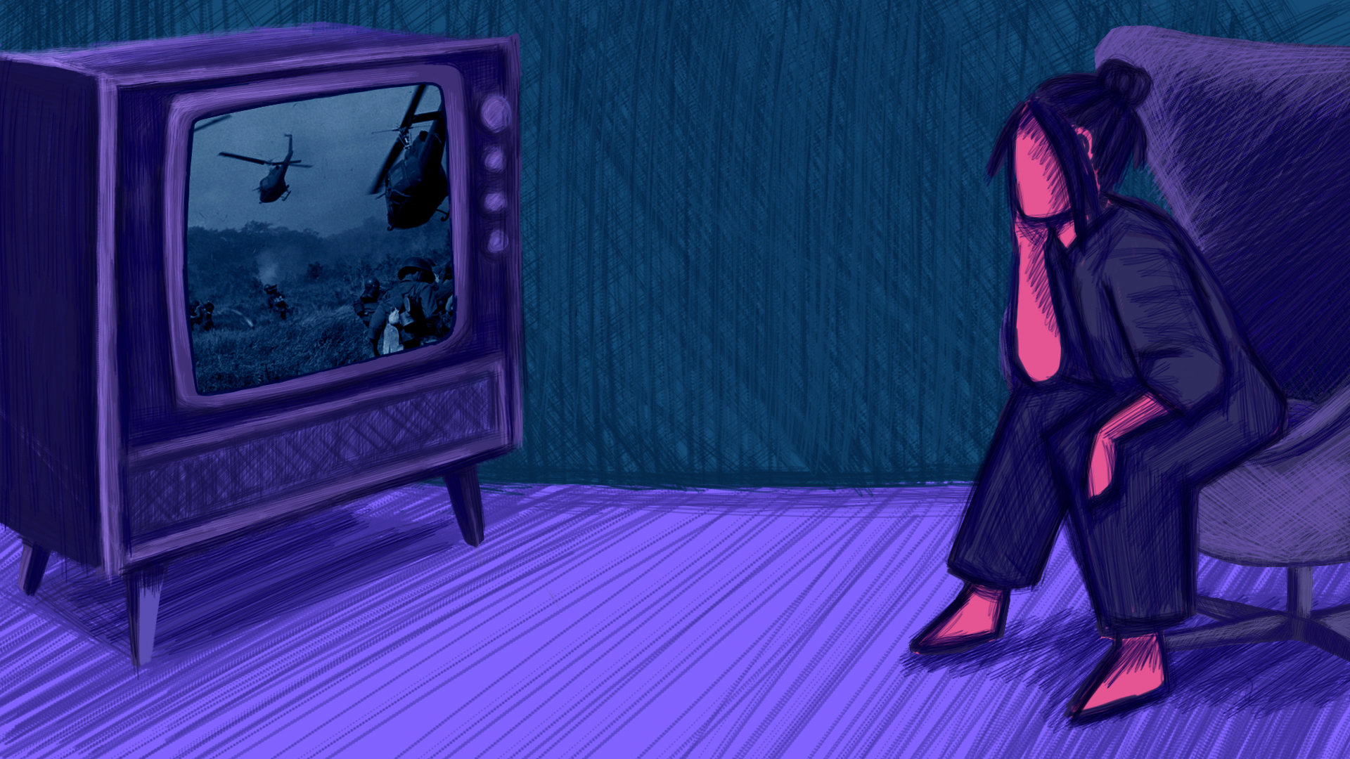 Dessin d'un salon où un personnage regarde la télévision. Elle affiche une photo de la guerre du Vietnam.