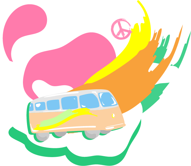 dessin d'un van coloré avec des nuages et un signe peace