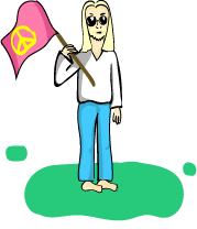 dessin d'un hippie avec un air déterminé qui tient un drapeau avec le signe de paix dessus